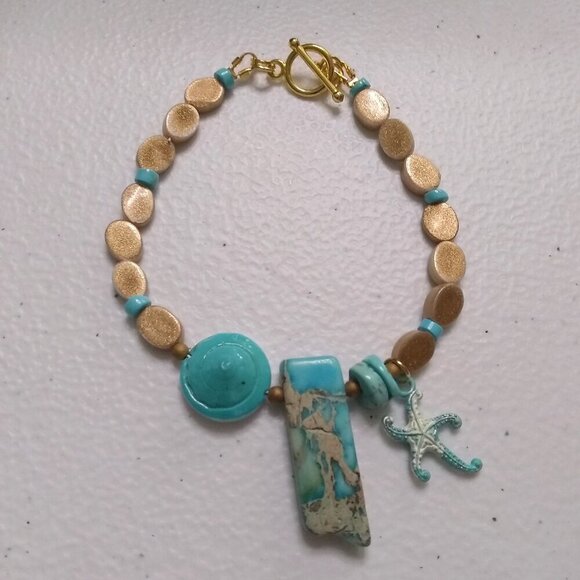 Coastal Cowgirl! Sea Sediment Jasper + Starfish + Shell Beaded Toggle Bracelet - Picture 5 of 9
